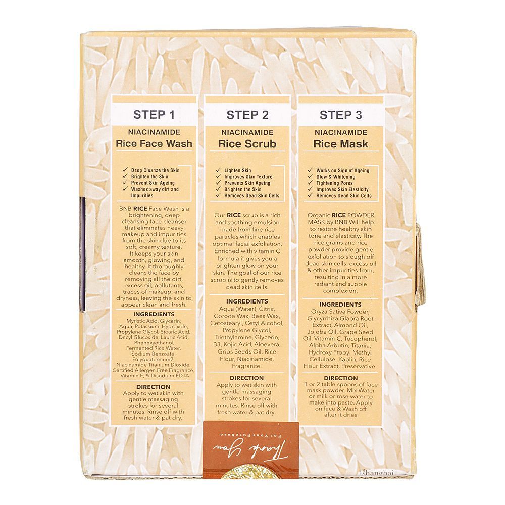 BNB Organic Source Rice Brightening Glow Kit, Face Wash+Scrub+Mask, Paraben and Sulfate Free, Dermatologist-Tested